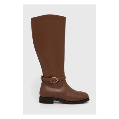 Tommy Hilfiger bőr csizma ELEVATED ESSENT THERMO LONGBOOT barna, női, lapos talpú, FW0FW07484