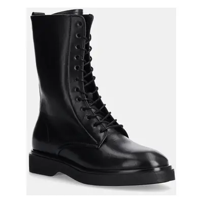 Calvin Klein bőr bakancs FLAT MID LACE UP BOOT LTH fekete, női, lapos talpú, HW0HW02181