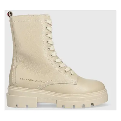 Tommy Hilfiger bőr bakancs Monochromatic Lace Up Boot bézs, női, lapos talpú