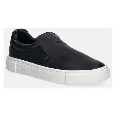 Calvin Klein bőr tornacipő CUPSOLE SLIP ON - WOVEN LTH fekete, női, HW0HW02297