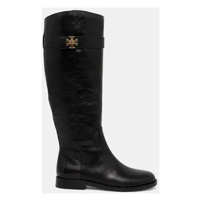 Tory Burch csizma T Lock Riding Boot fekete, női, lapos talpú