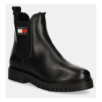 Tommy Jeans bőr bokacsizma TJW CHELSEA BOOT WL fekete, női, téliesített, lapos talpú, EN0EN02626