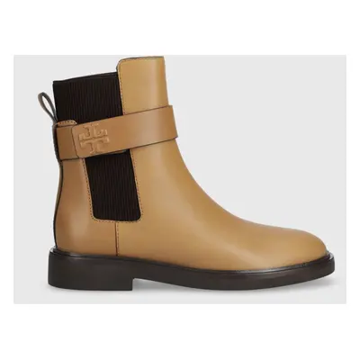 Tory Burch bőr bokacsizma DOUBLE T CHELSEA BOOT barna, női, lapos talpú