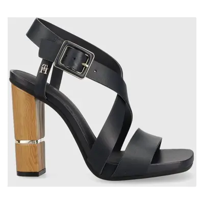 Tommy Hilfiger bőr szandál HARDWARE BLOCK HIGH HEEL sötétkék, FW0FW07016