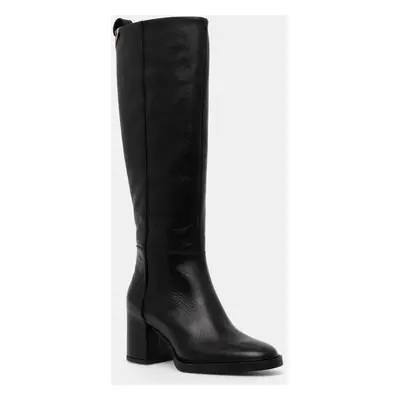 Tommy Hilfiger bőr csizma LONG BOOT MID WRAPPED LTHR HEEL fekete, női, magassarkú, FW0FW08099