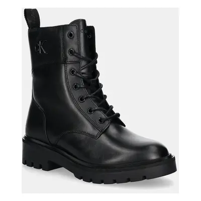 Calvin Klein Jeans bőr bakancs COMBAT BOOT MID ZIP LTH IN CALF fekete, női, lapos talpú, YW0YW01