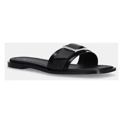 Calvin Klein bőr papucs FLAT SLIDE W/BUCKLE - LTH fekete, női, HW0HW02490