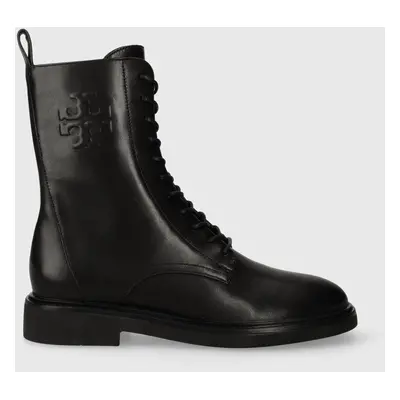 Tory Burch bőr csizma DOUBLE T COMBAT BOOT fekete, női, lapos talpú