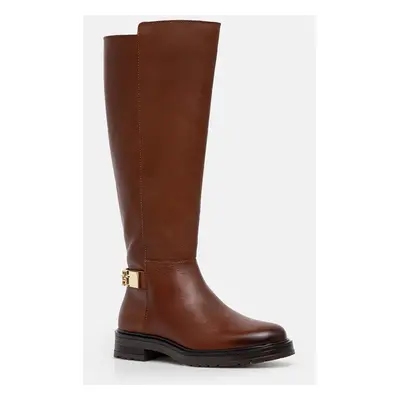 Tommy Hilfiger csizma TH LOGO LEATHER LONG BOOT barna, női, enyhén téliesített, lapos talpú, FW0