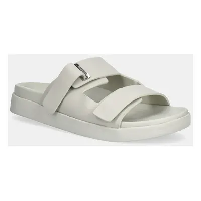 Calvin Klein bőr papucs FLAT ADJ SLIDE EYELET bézs, női, HW0HW02489