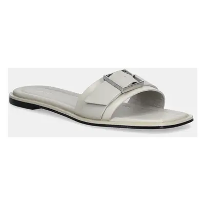 Calvin Klein bőr papucs FLAT SLIDE W/BUCKLE - LTH bézs, női, HW0HW02490