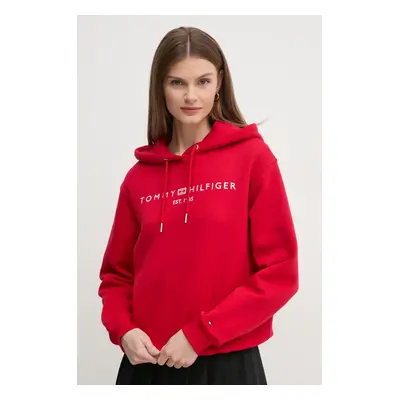 Tommy Hilfiger felső piros, női, nyomott mintás, kapucnis, WW0WW43598