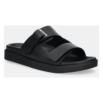 Calvin Klein bőr papucs FLAT ADJ SLIDE EYELET fekete, női, HW0HW02489