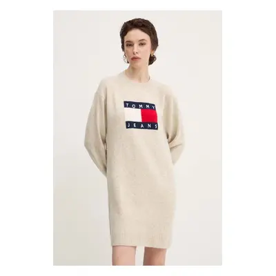 Tommy Jeans ruha gyapjú keverékből bézs, mini, oversize, DW0DW18719