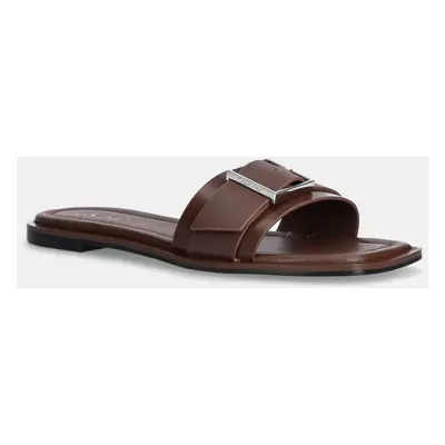 Calvin Klein bőr papucs FLAT SLIDE W/BUCKLE - LTH barna, női, HW0HW02490