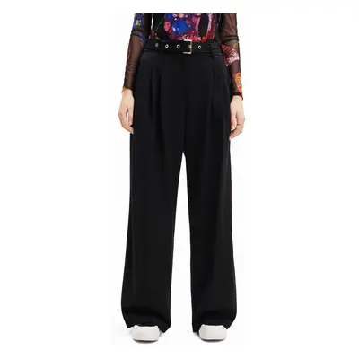 Desigual nadrág 23WWPW24 WOMAN WOVEN LONG TROUSERS női, fekete, közepes derékmagasságú széles