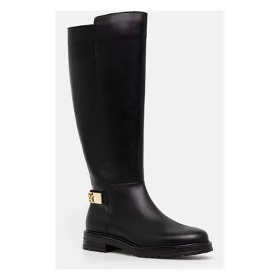 Tommy Hilfiger csizma TH LOGO LEATHER LONG BOOT fekete, női, enyhén téliesített, lapos talpú, FW