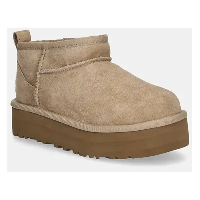 UGG gyerek hócipő velúrból CLASSIC ULTRA MINI PLATFORM bézs