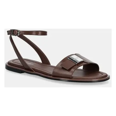 Calvin Klein bőr szandál FLAT SANDAL W/CK HW - LTH barna, női, HW0HW02367