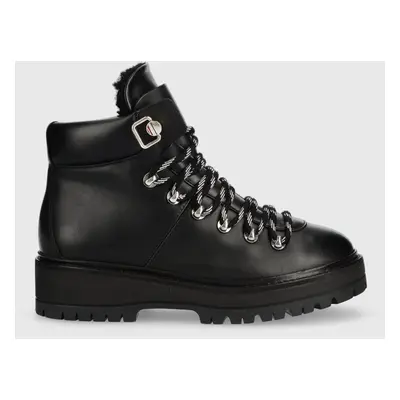 Tommy Hilfiger bokacsizma Leather Outdoor Flat Boot fekete, női, enyhén téliesített, platformos