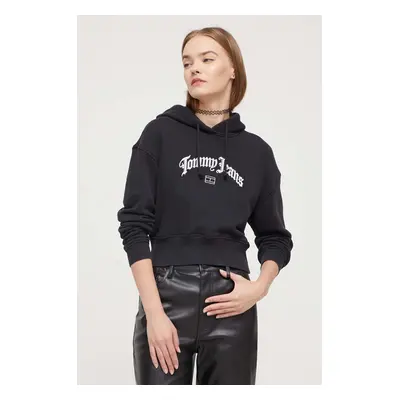 Tommy Jeans pamut melegítőfelső fekete, női, nyomott mintás, kapucnis