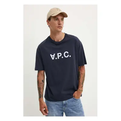 A.P.C. pamut póló T-Shirt River sötétkék, férfi, nyomott mintás, COFDW.H26324.IAK