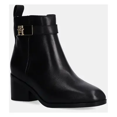 Tommy Hilfiger bőr csizma TH LOGO MID HEEL BOOTIE fekete, női, magassarkú, FW0FW08179