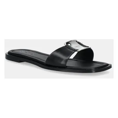 Calvin Klein bőr papucs FLAT SLIDE W/CK HW BIG - LTH fekete, női, HW0HW02482