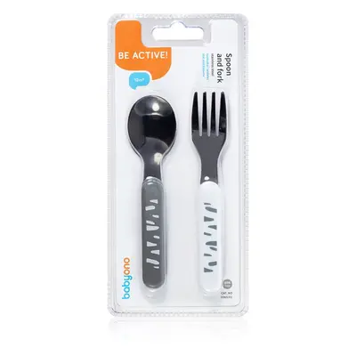 BabyOno Be Active Stainless Steel Spoon and Fork étkészlet Grey-White 12 m+ 2 db