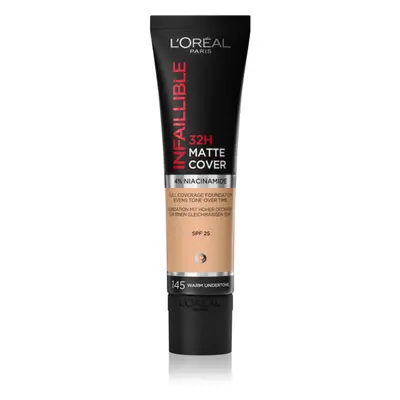 L’Oréal Paris Infallible 32H Matte Cover tartós matt alapozó SPF 25 árnyalat 145 (Warm Undertone