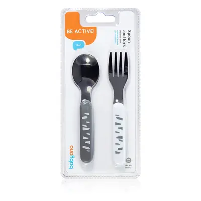 BabyOno Be Active Stainless Steel Spoon and Fork étkészlet Grey-White 12 m+ 2 db