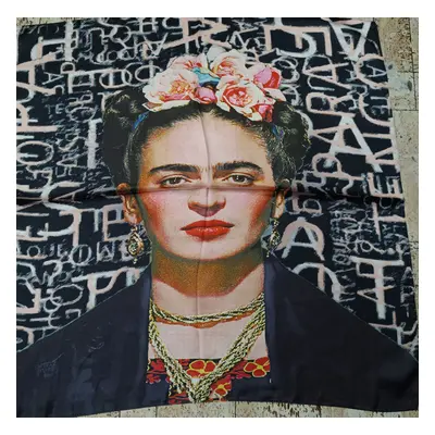 70x70 cm-es festményes selyem sál, kendő, fekete - Frida Kahlo - ÚJ