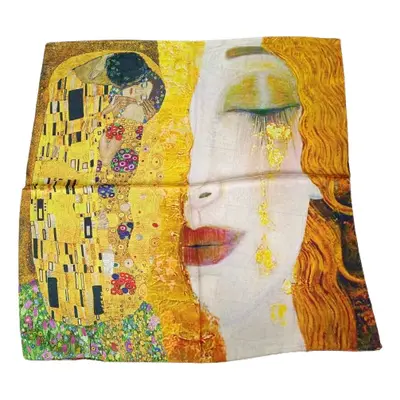 70x70 cm-es festményes mustársárga selyem sál, kendő - Gustav Klimt: Arany könnyek - ÚJ