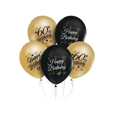 Színes Happy Birthday 60 Gold-Black léggömb, lufi 5 db-os 12 inch (30 cm)