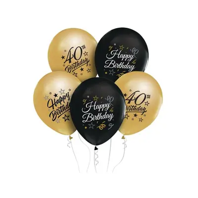 Színes Happy Birthday 40 Gold-Black léggömb, lufi 5 db-os 12 inch (30 cm)