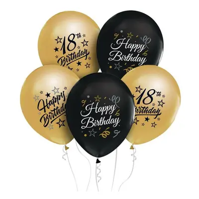 Happy Birthday 18 Gold-Black léggömb, lufi 5 db-os 12 inch (30 cm)