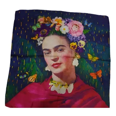 70x70 cm-es sötétzöld festményes selyem sál, kendő - Frida Kahlo - ÚJ