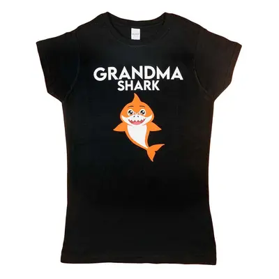 Rövid ujjú női póló cápás mintával "Grandma shark" felirattal