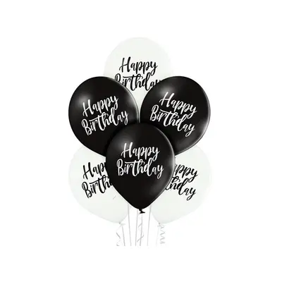 Black White Happy Birthday léggömb, lufi 6 db-os 12 inch (30cm)