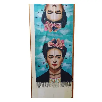 Nagyméretű türkiz kétoldalú festményes sál, kendő - Frida Kahlo - ÚJ