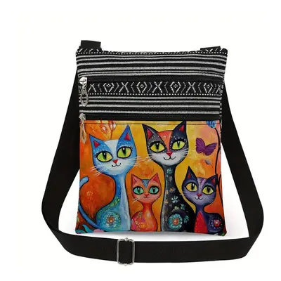 Női 4 cicás, macskás crossbody táska, kis vászon válltáska, 20x25 cm - ÚJ