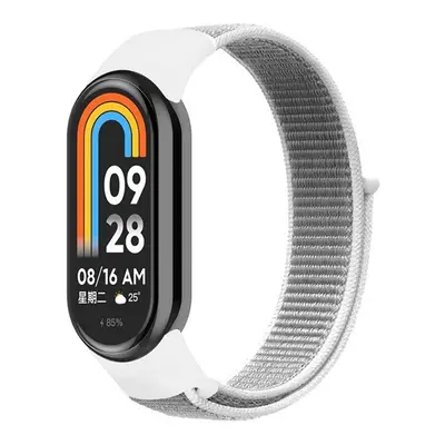 Xiaomi Mi Smart Band 8, textíl pótszíj, nylon, tépőzáras, állítható, légáteresztő, ezüst/fehér