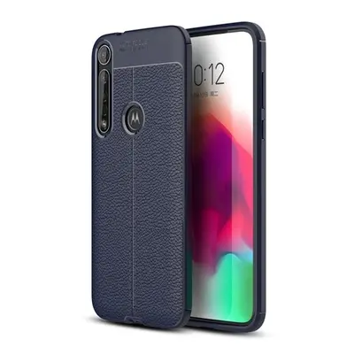 Motorola Moto G8 Plus, TPU szilikon tok, bőrhatású, varrásminta, sötétkék