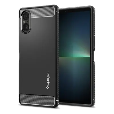 Sony Xperia 5 V, Szilikon tok, Spigen Rugged Armor, karbon minta, fekete