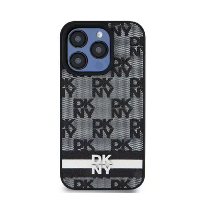 DKNY PU Leather Checkered Pattern and Stripe Apple iPhone 12/12 Pro hátlap tok, fekete