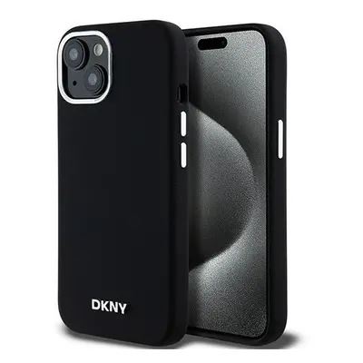 DKNY Liquid Silicone Small Metal Logo Apple iPhone 15 Plus / 14 Plus Magsafe hátlap tok, fekete