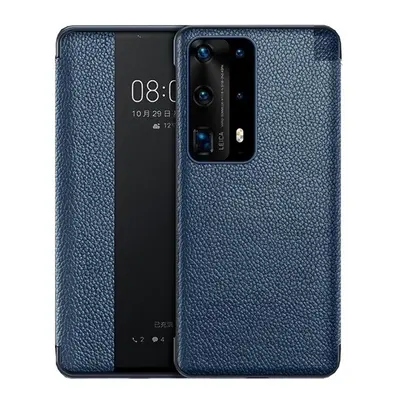 Huawei P40, Oldalra nyíló tok, valódi bőrtok, hívás mutatós, érdes felület, Smart View Cover, sö