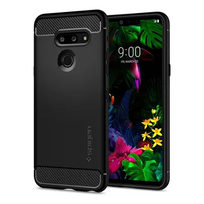 LG G8 ThinQ G820Q, Szilikon tok, Spigen Rugged Armor, karbon minta, fekete