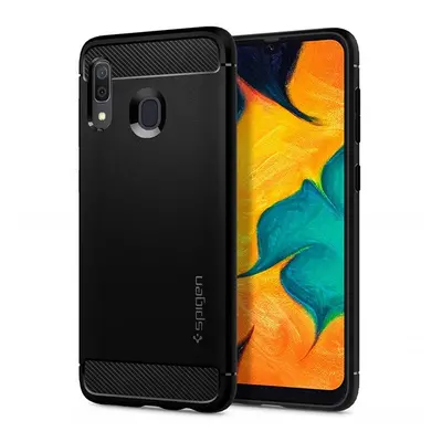 Samsung Galaxy A20 / A30 SM-A205F / A305F, Szilikon tok, Spigen Rugged Armor, karbon minta, feke