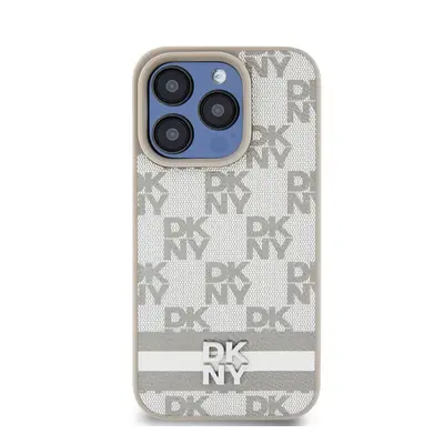 DKNY PU Leather Checkered Pattern and Stripe Apple iPhone 13 Pro hátlap tok, bézs